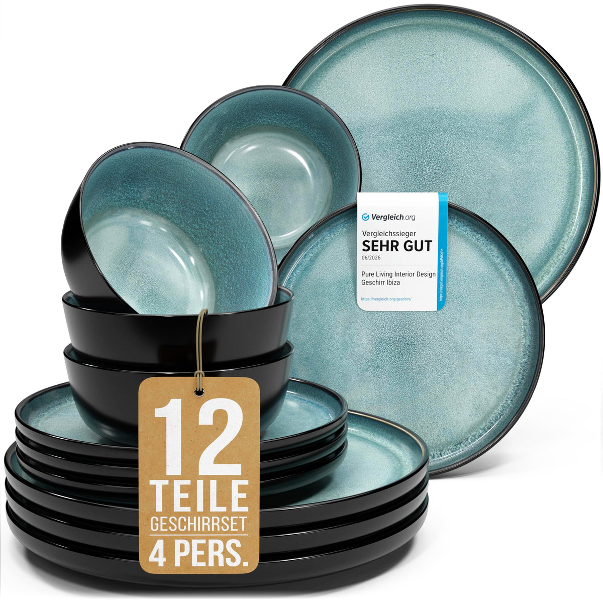 Steingut Geschirrset 12 Personen Ibiza 48 tlg. TESTSIEGER, Traumhaftes Mediterranes Steingut Geschirr Set, Schüssel- und Teller Set, Tafelservice 12 Personen, Geschirrsets Pure Living in Salbeigrün