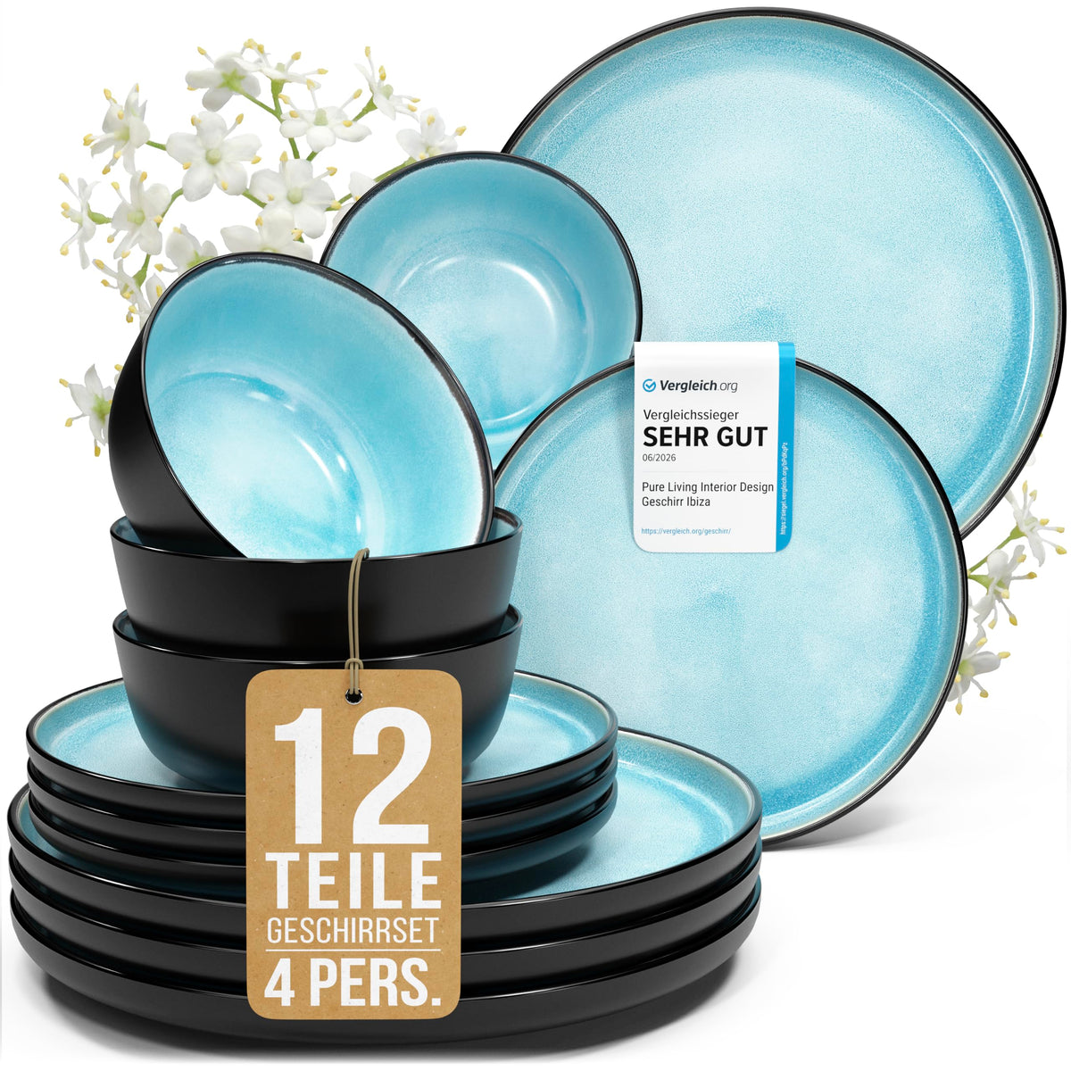 Steingut Geschirrset 12 Personen Ibiza 48 tlg. TESTSIEGER, Traumhaftes Mediterranes Steingut Geschirr Set, Schüssel- und Teller Set, Tafelservice 12 Personen, Geschirrsets Pure Living in Salbeigrün