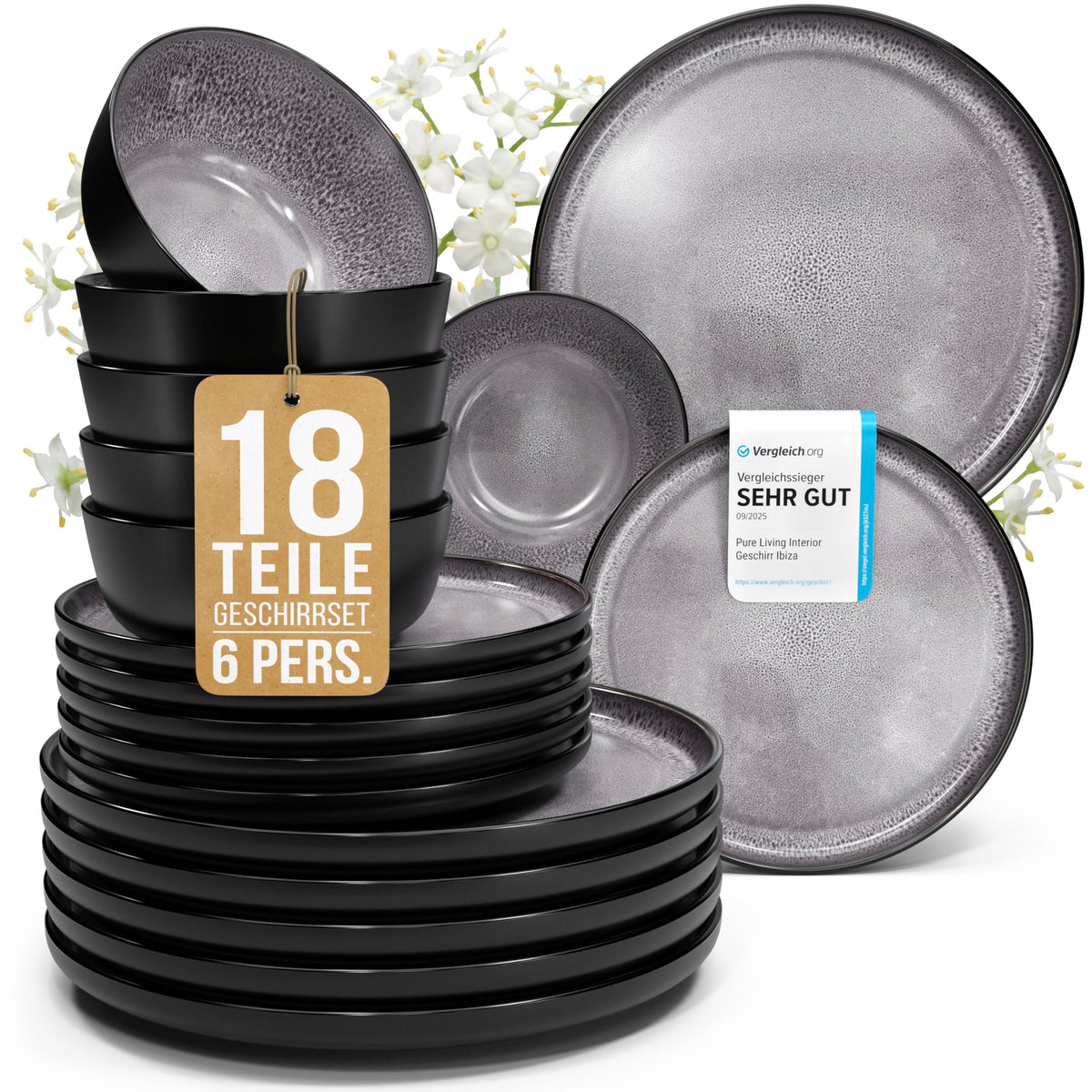 Steingut Geschirrset 12 Personen Ibiza 48 tlg. TESTSIEGER, Traumhaftes Mediterranes Steingut Geschirr Set, Schüssel- und Teller Set, Tafelservice 12 Personen, Geschirrsets Pure Living in Salbeigrün