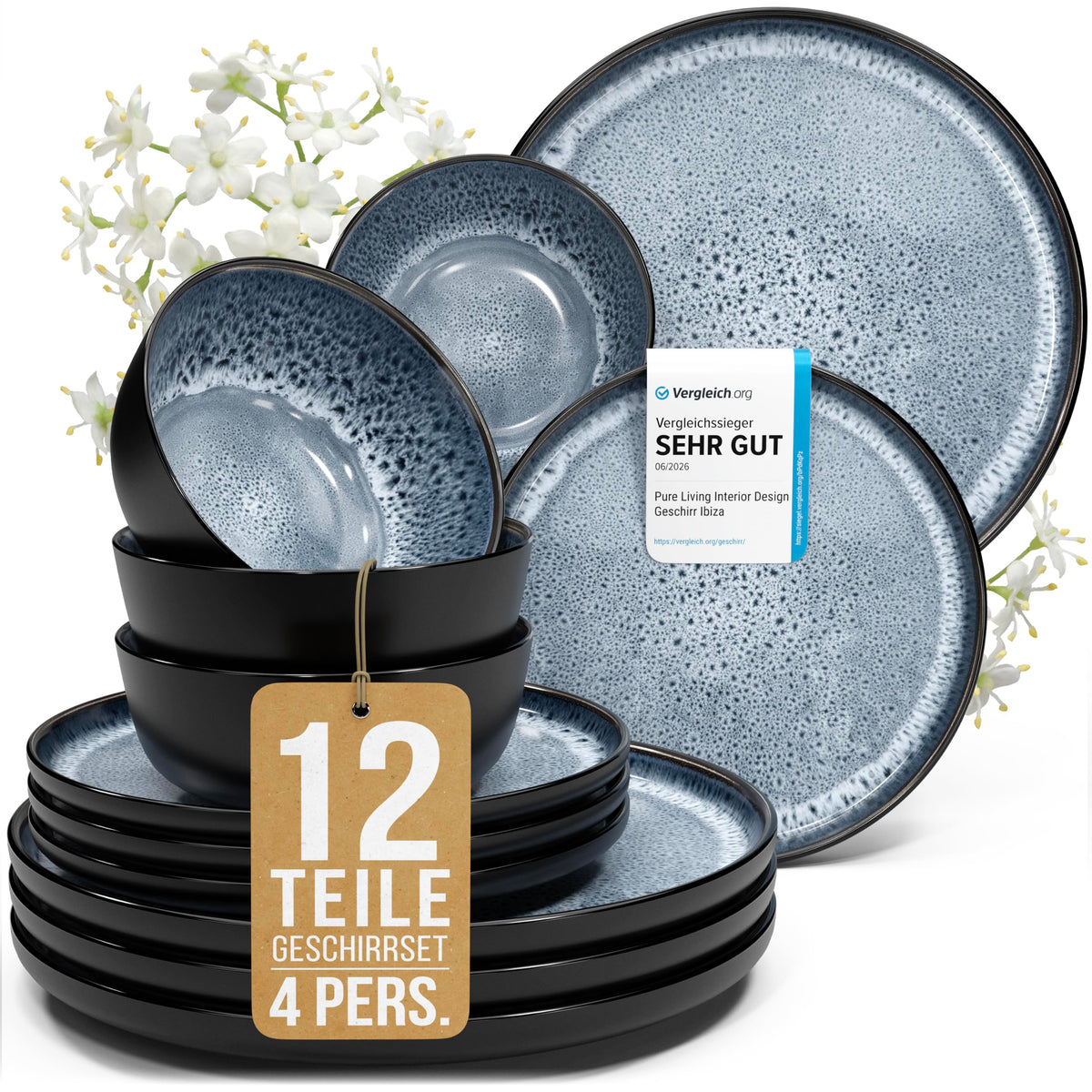 Steingut Geschirrset 12 Personen Ibiza 48 tlg. TESTSIEGER, Traumhaftes Mediterranes Steingut Geschirr Set, Schüssel- und Teller Set, Tafelservice 12 Personen, Geschirrsets Pure Living in Salbeigrün