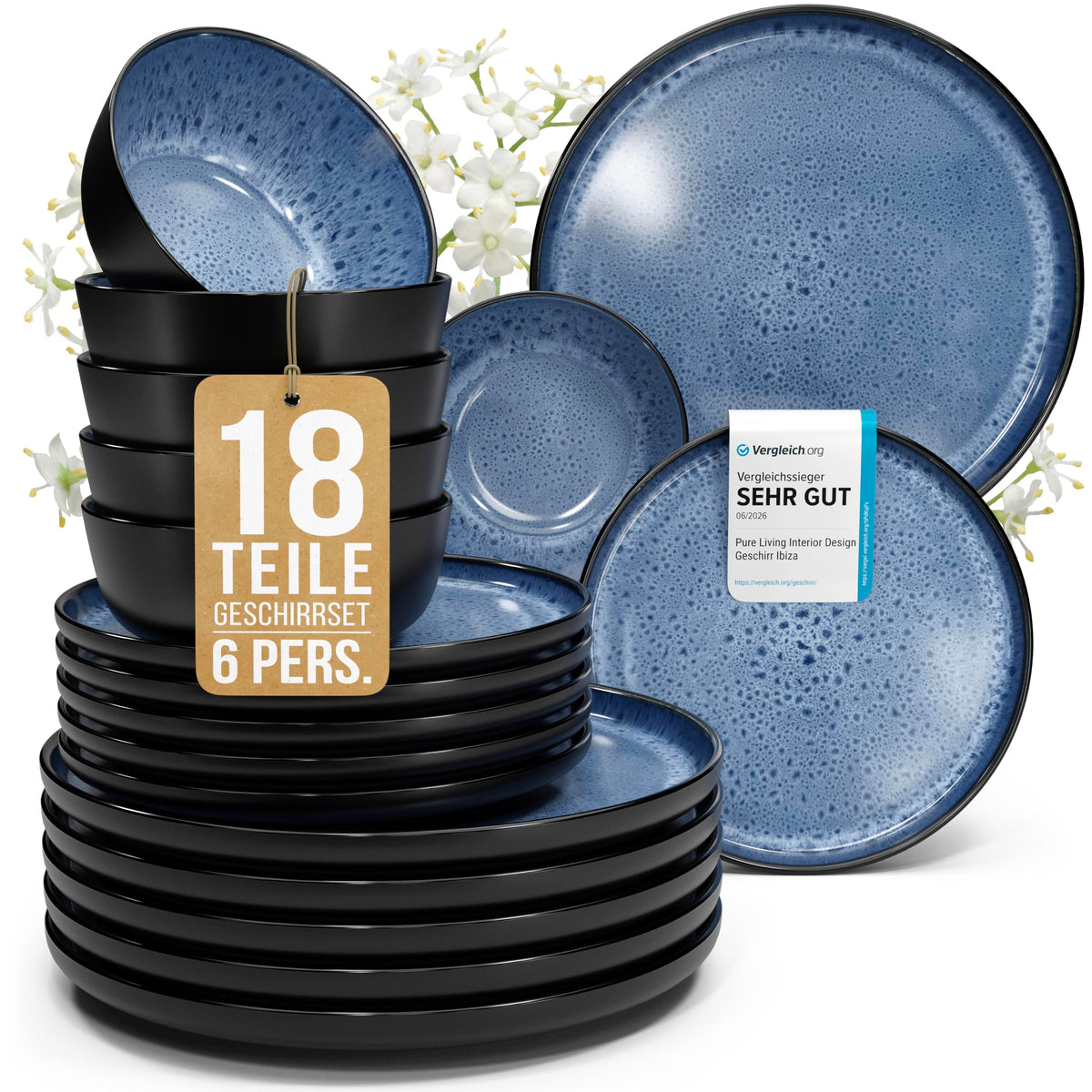 Steingut Geschirrset 12 Personen Ibiza 48 tlg. TESTSIEGER, Traumhaftes Mediterranes Steingut Geschirr Set, Schüssel- und Teller Set, Tafelservice 12 Personen, Geschirrsets Pure Living in Salbeigrün