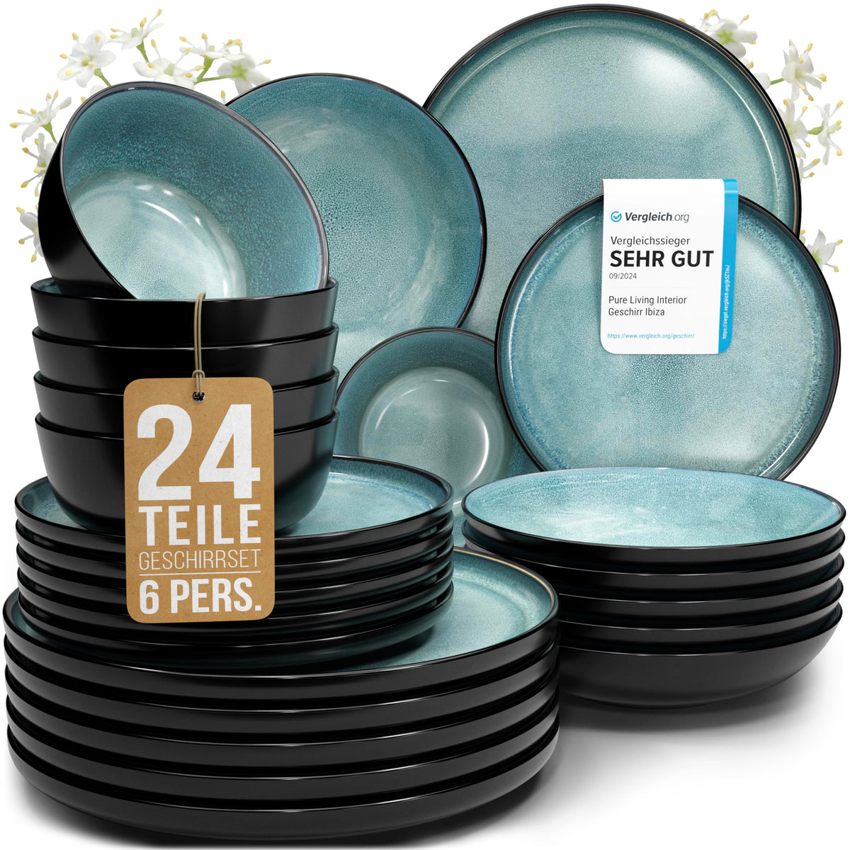 Steingut Geschirrset 12 Personen Ibiza 48 tlg. TESTSIEGER, Traumhaftes Mediterranes Steingut Geschirr Set, Schüssel- und Teller Set, Tafelservice 12 Personen, Geschirrsets Pure Living in Salbeigrün