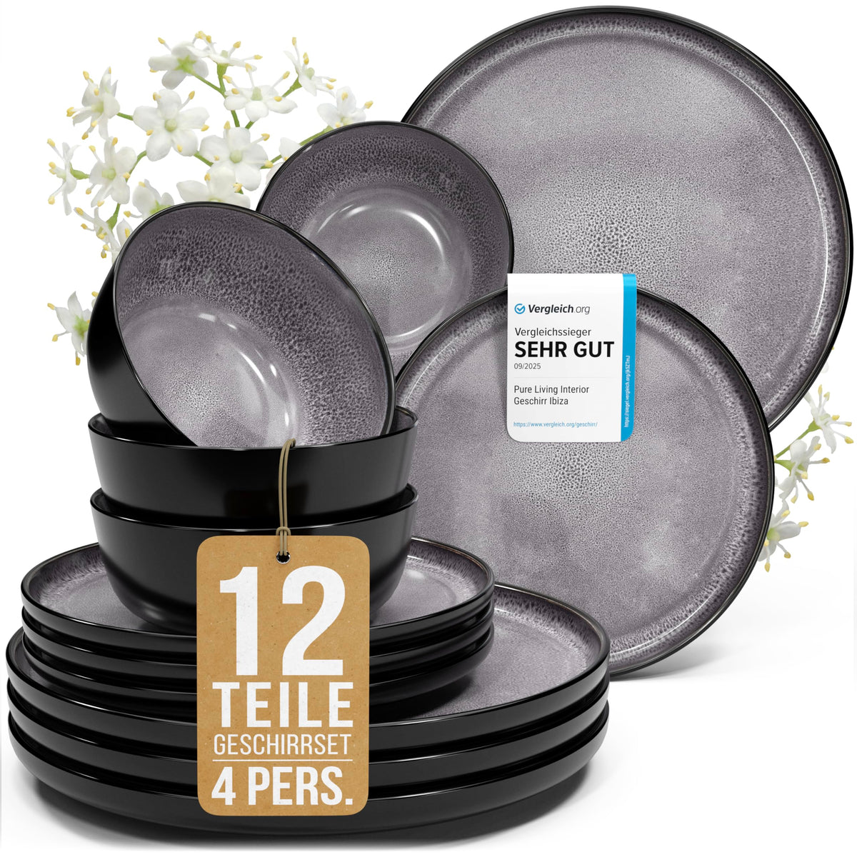 Steingut Geschirrset 12 Personen Ibiza 48 tlg. TESTSIEGER, Traumhaftes Mediterranes Steingut Geschirr Set, Schüssel- und Teller Set, Tafelservice 12 Personen, Geschirrsets Pure Living in Salbeigrün