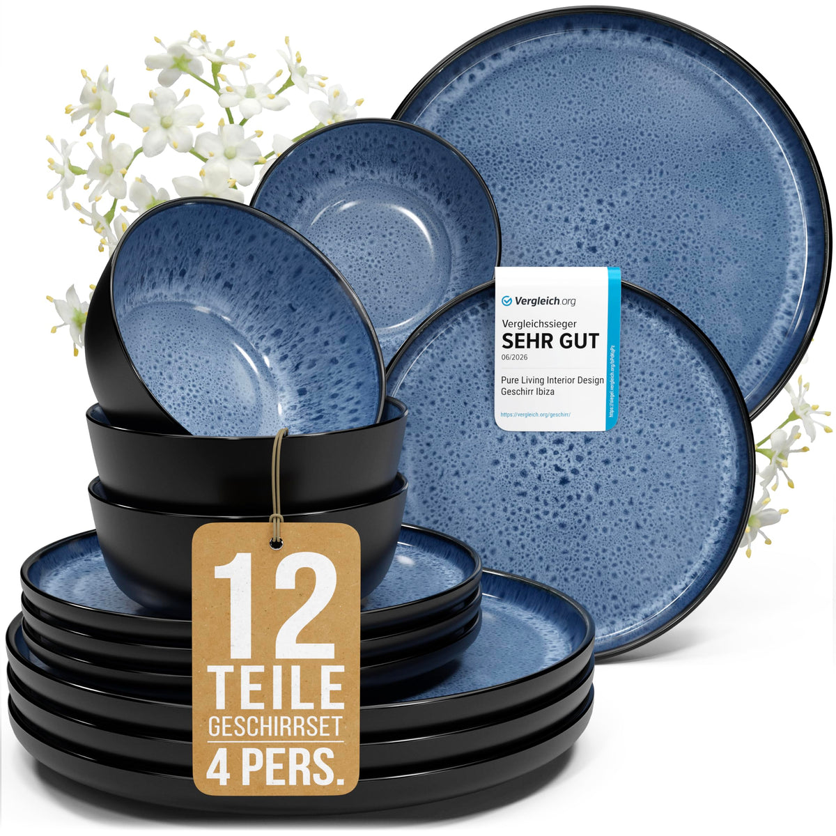 Steingut Geschirrset 12 Personen Ibiza 48 tlg. TESTSIEGER, Traumhaftes Mediterranes Steingut Geschirr Set, Schüssel- und Teller Set, Tafelservice 12 Personen, Geschirrsets Pure Living in Salbeigrün