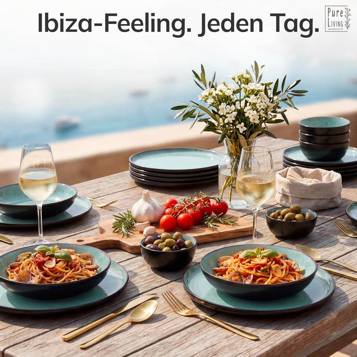Steingut Geschirrset 12 Personen Ibiza 48 tlg. TESTSIEGER, Traumhaftes Mediterranes Steingut Geschirr Set, Schüssel- und Teller Set, Tafelservice 12 Personen, Geschirrsets Pure Living in Salbeigrün